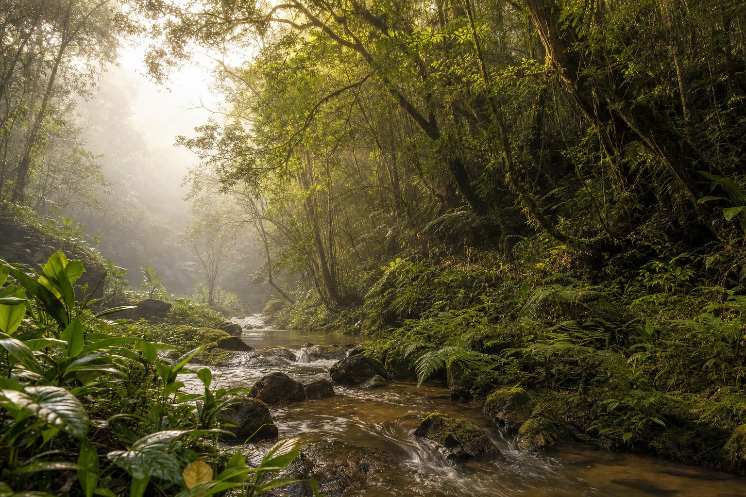 Mata atlântica preservada com córrego de água limpa, fetos e luz do amanhecer entre as árvores.