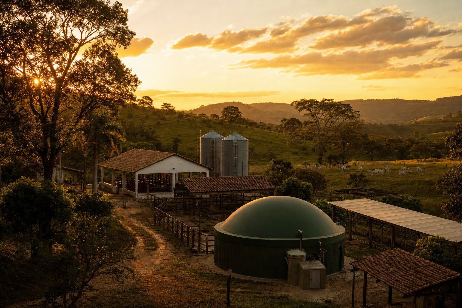 Vista aérea da fazenda ao entardecer mostrando cúpula de biogás verde integrada às instalações rurais e painéis fotovoltaicos entre árvores e pastos.