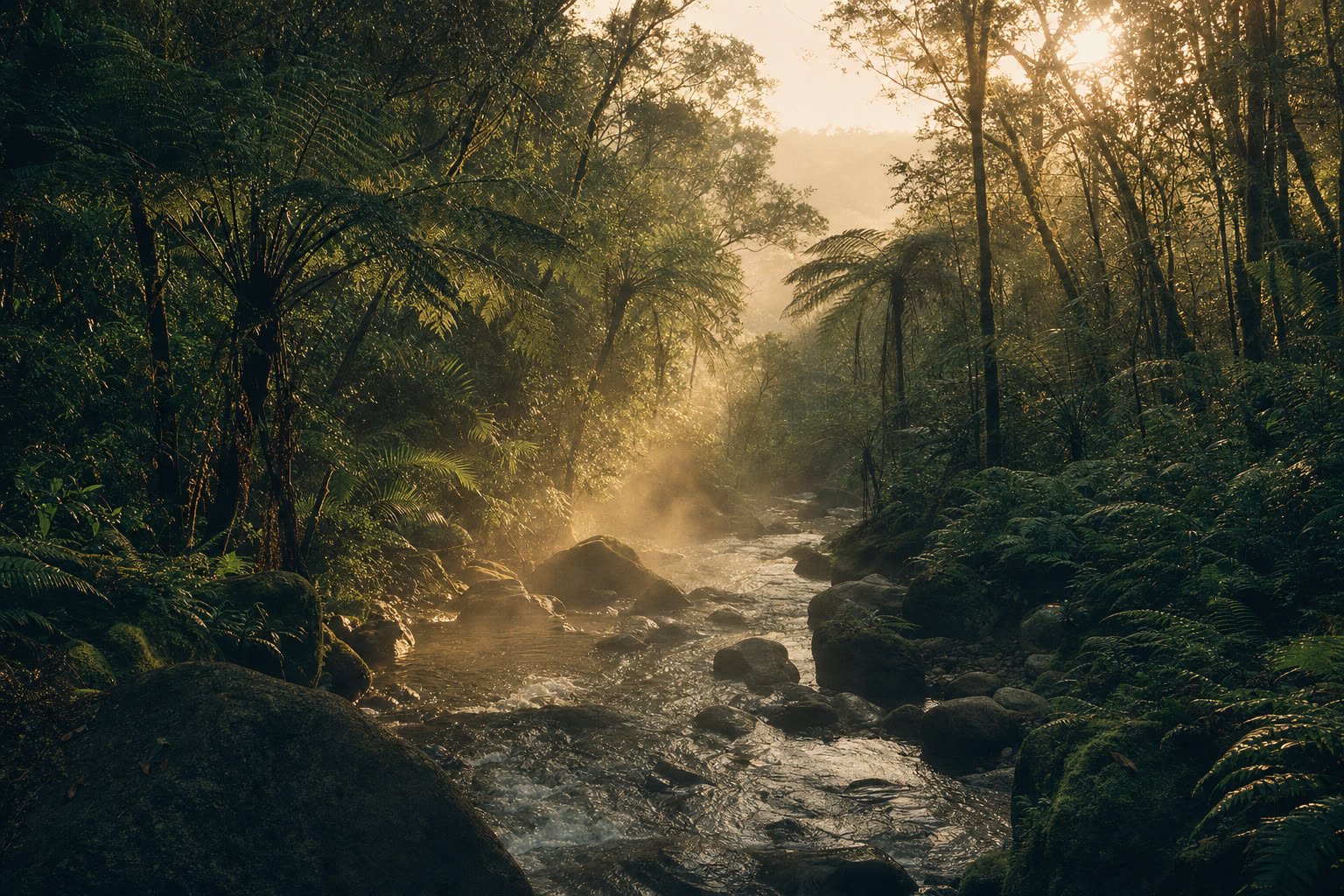 Mata atlântica preservada com córrego correndo entre pedras, samambaias arborescentes e luz suave do amanhecer filtrando entre as árvores.