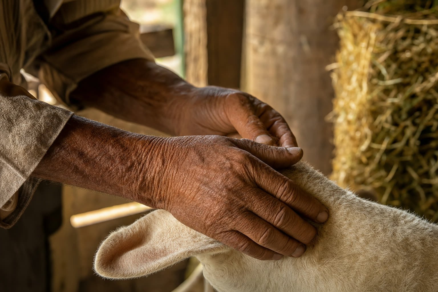 Mãos calejadas de tratador cuidando com gentileza de um animal jovem dentro de um curral coberto.