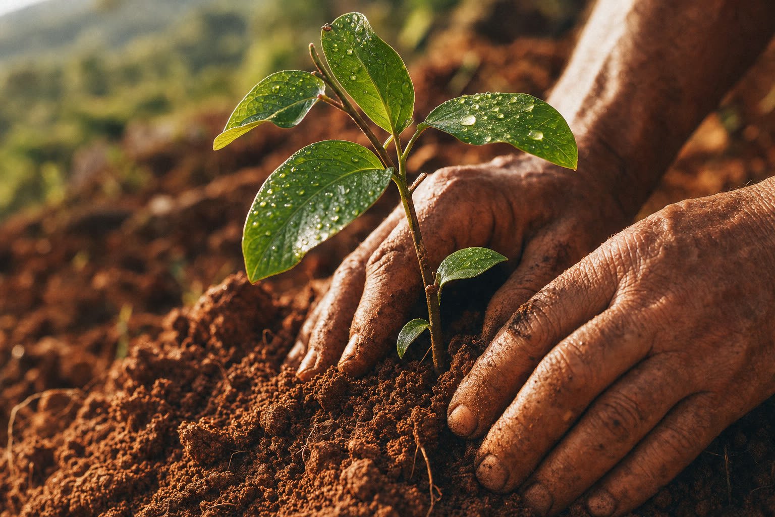Mãos calejadas firmando uma muda de árvore em terra vermelha úmida, com folhas jovens brilhando na luz do amanhecer.