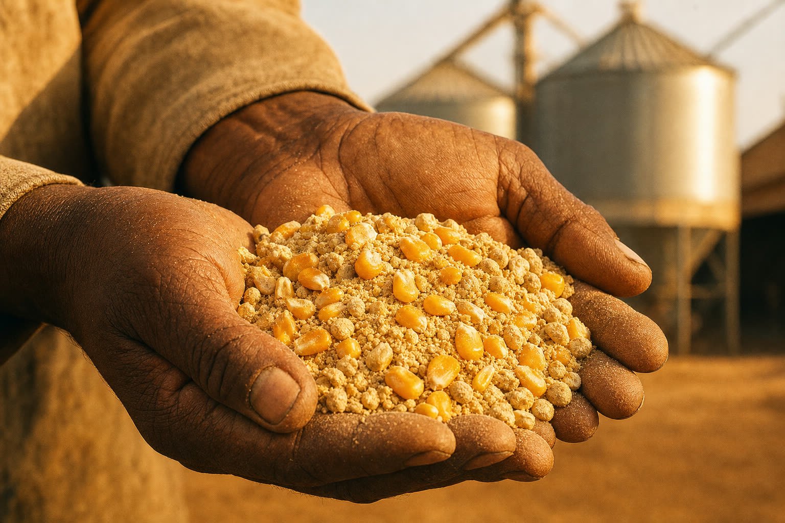 Mãos ásperas de trabalhador segurando uma mistura de milho e farelo de soja em grão, com silos ao fundo em luz dourada.