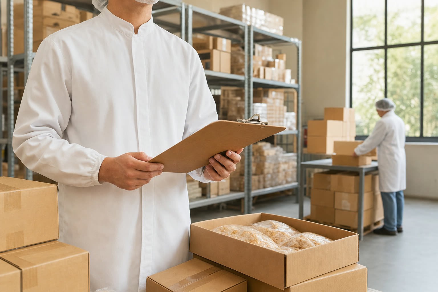 Equipe operacional em armazém limpo e organizado, preparando produtos para distribuição.