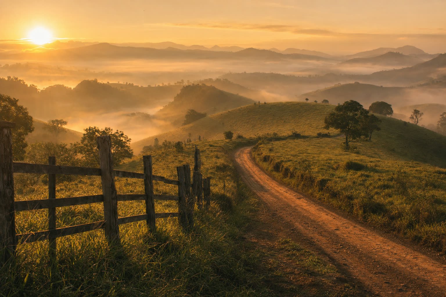 Amanhecer nas montanhas de Minas Gerais, com névoa sobre os morros e uma estrada de terra que desce em direção ao vale.