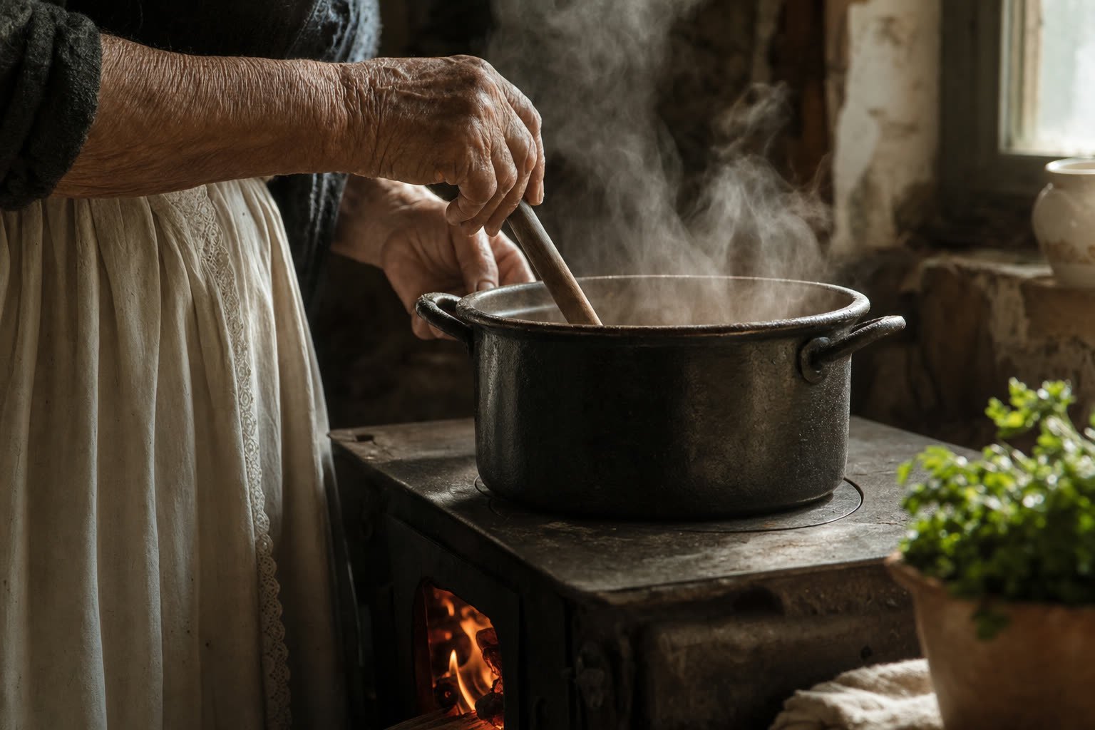 Mãos de uma senhora idosa mexendo uma panela de ferro sobre o fogão a lenha, com vapor subindo e luz suave entrando pela janela.