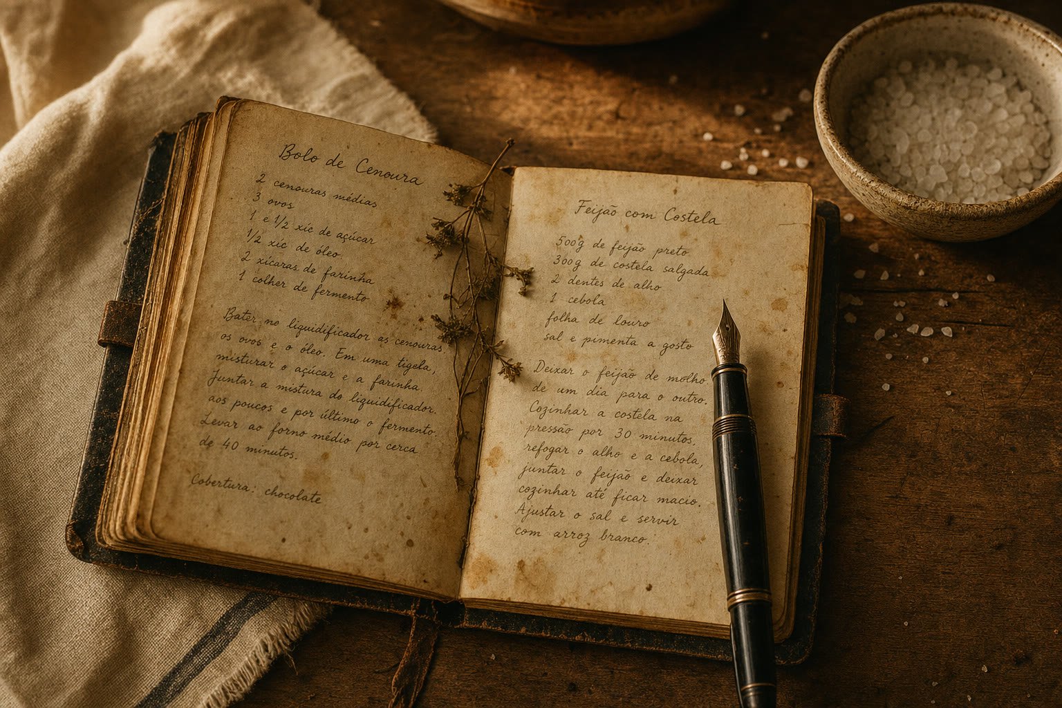 Caderno de receitas antigo aberto sobre uma mesa de madeira, com anotações manuscritas.