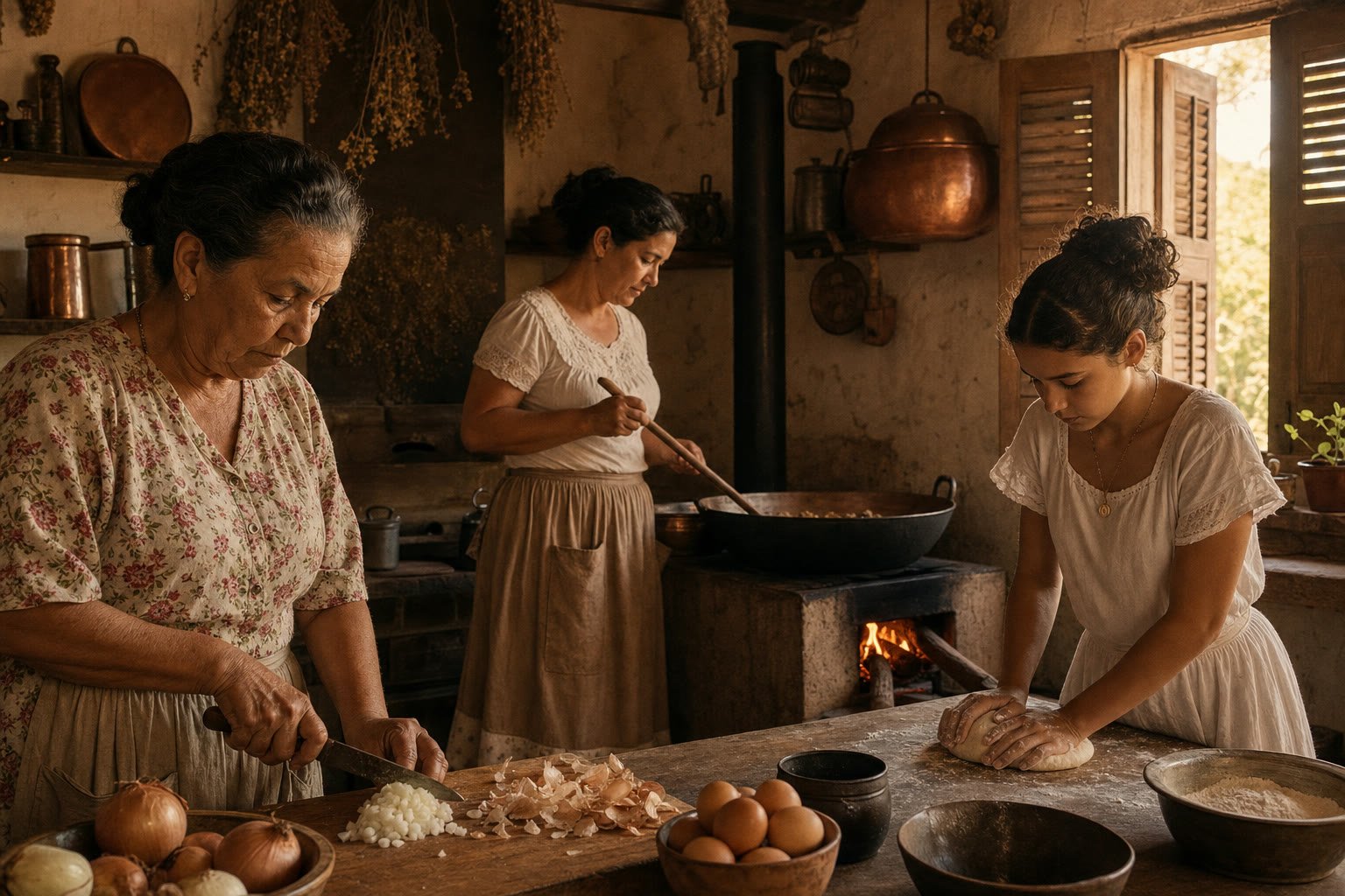Três gerações de mulheres trabalhando juntas em uma cozinha mineira antiga.