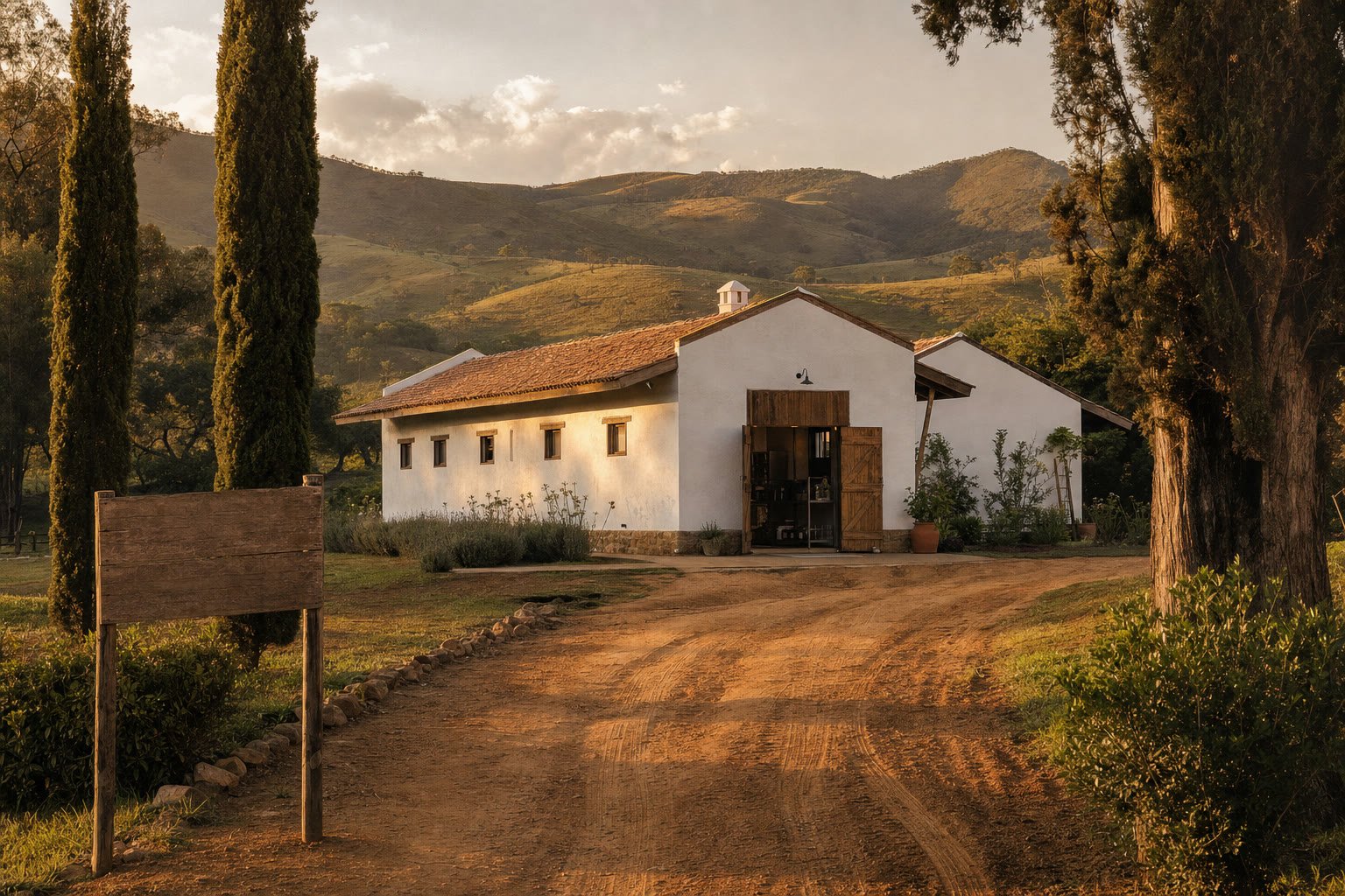 Nova unidade de charcutaria da Fazenda Memória, casa branca com telhado de barro e serra ao fundo.