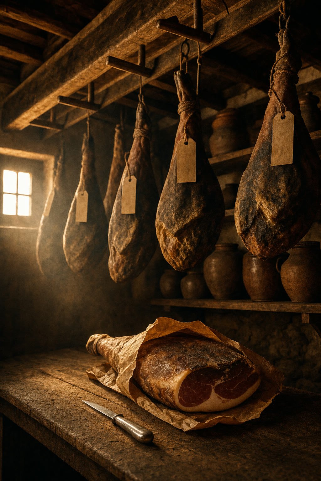 Presuntos curados pendurados em vigas de madeira, com um pernil aberto sobre a mesa em primeiro plano.