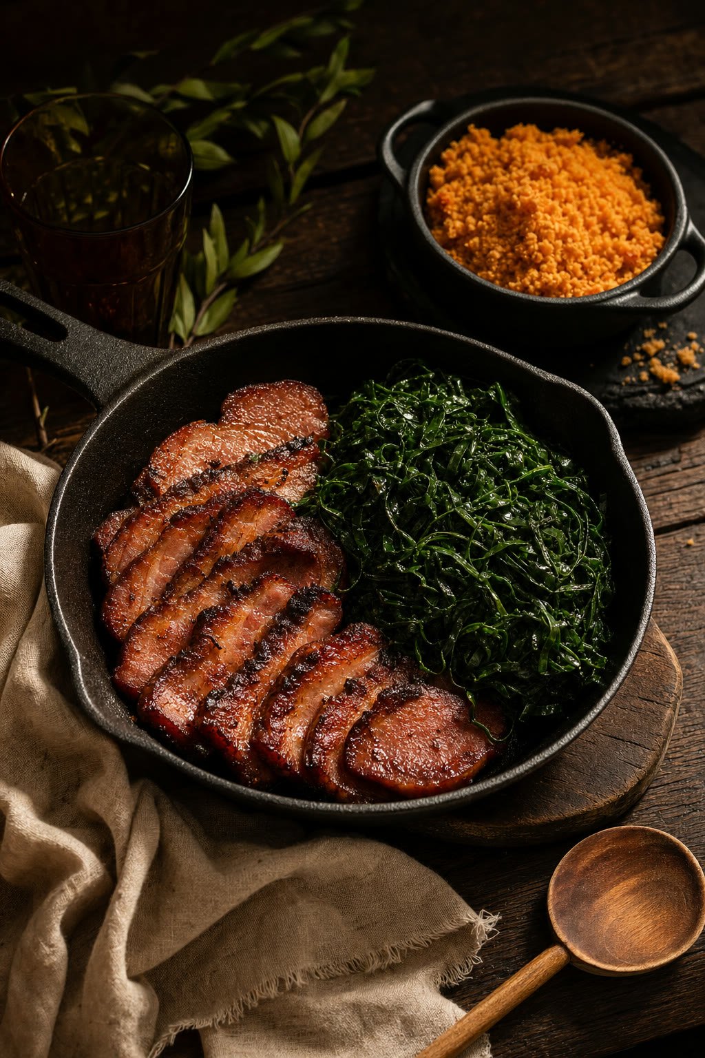Frigideira de ferro com bacon fatiado caramelizado ao lado de couve mineira em tiras finas.