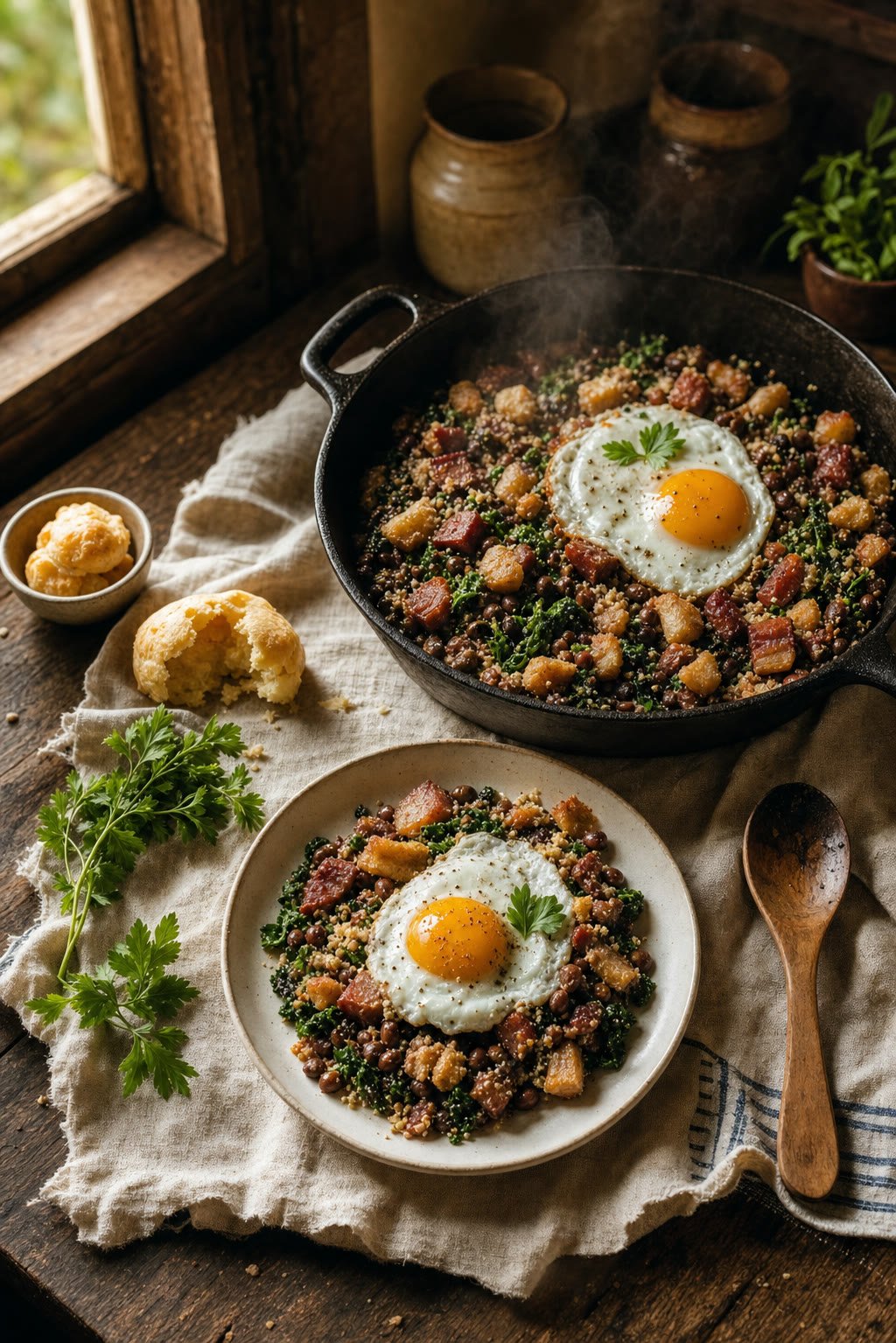 Panela de ferro cheia de feijão-tropeiro com bacon, torresmo e couve, ao lado de pão de queijo.