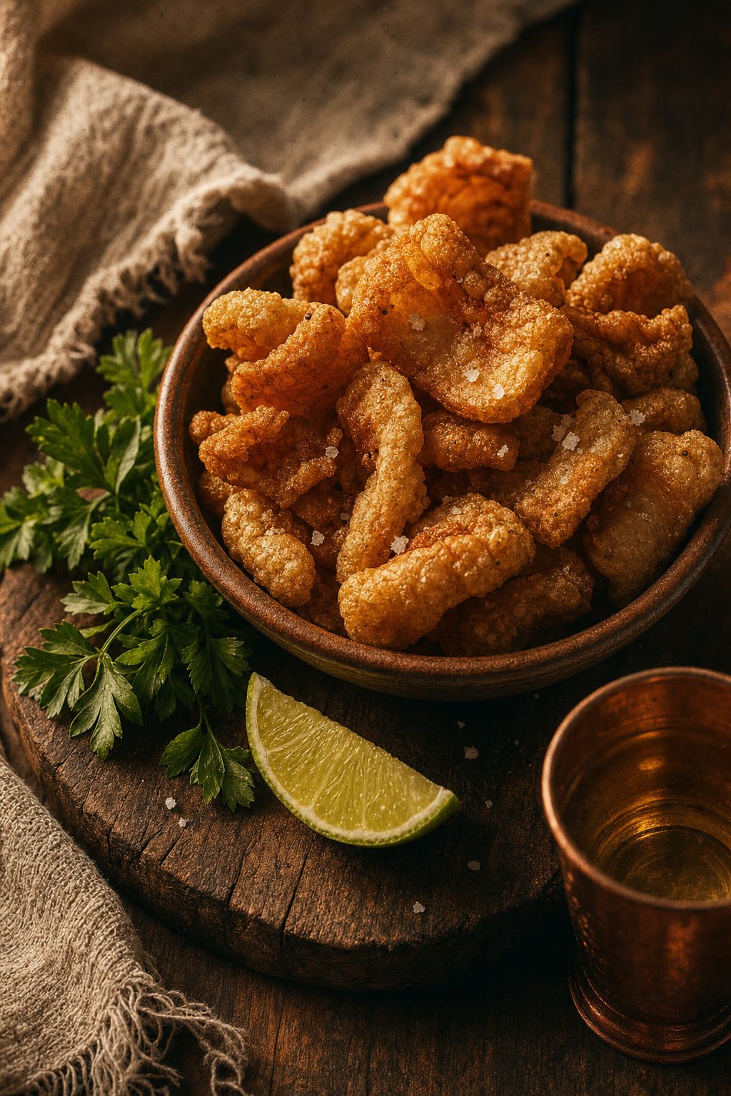 Tigela de torresmo crocante com limão, salsinha e um copo de cachaça.