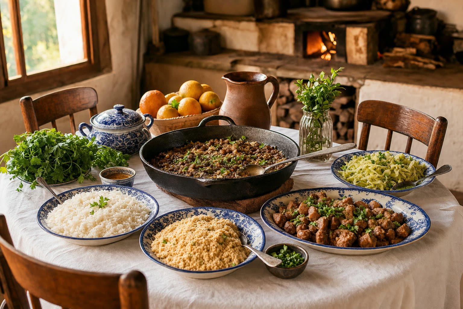 Mesa mineira de almoço de domingo posta com pratos de cerâmica azul, panela de ferro e travessas servidas em uma cozinha rústica.