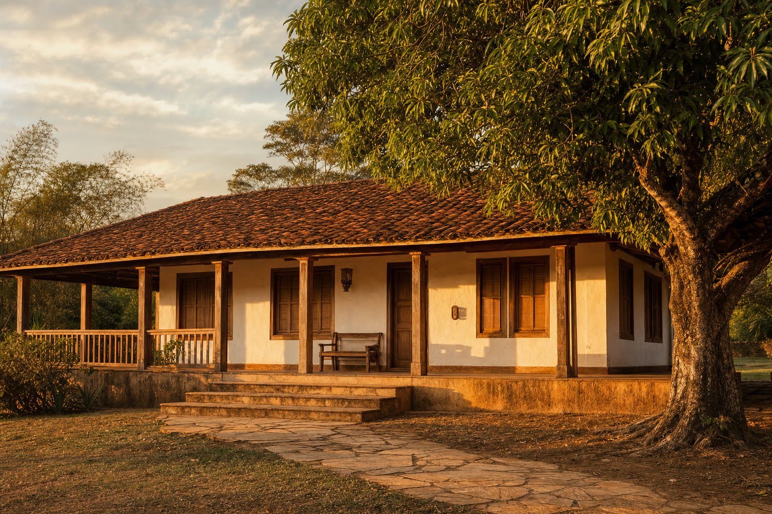 Casa colonial de fazenda mineira ao entardecer, com paredes brancas, telhas de barro, varanda de madeira e mangueira ao lado.
