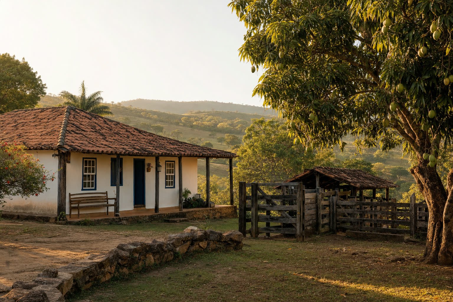 Casa de fazenda tradicional mineira ao entardecer, com telhado de telhas vermelhas, paredes brancas e um mangueiral ao lado.
