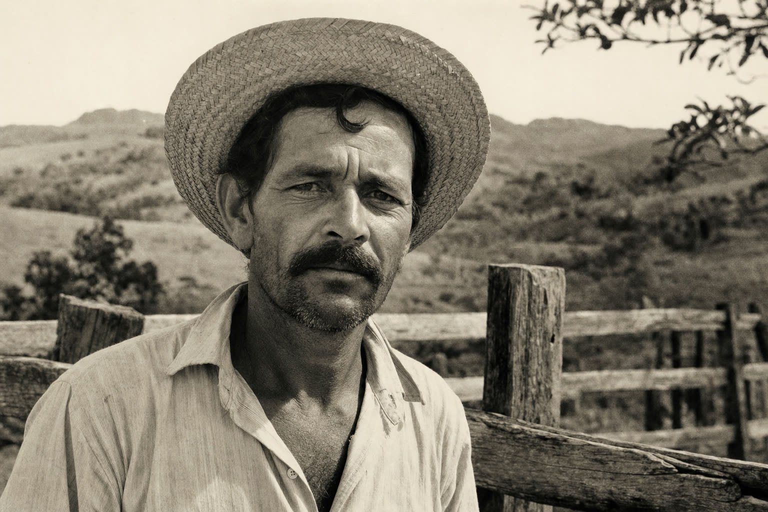 Retrato de arquivo em sépia — o fundador, homem mineiro de meia-idade, com chapéu de palha, camisa de algodão e cerca de madeira ao fundo.