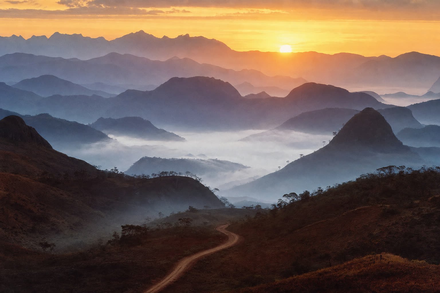 Amanhecer sobre as montanhas de Minas Gerais, com camadas de morros na névoa e uma estrada de terra descendo ao vale.