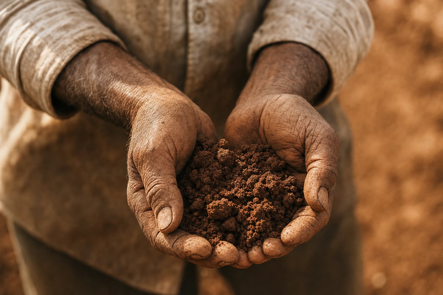 Mãos calejadas de um lavrador mineiro segurando terra vermelha úmida das lavouras da fazenda.