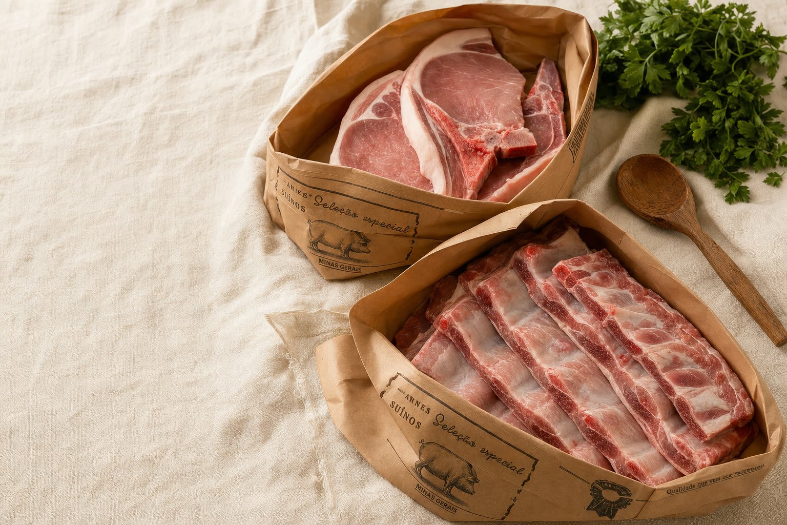 Cortes do dia a dia — bisteca e costela — embalados em papel kraft sobre linho cremoso, com salsinha fresca e colher de madeira, em fotografia editorial de catálogo.