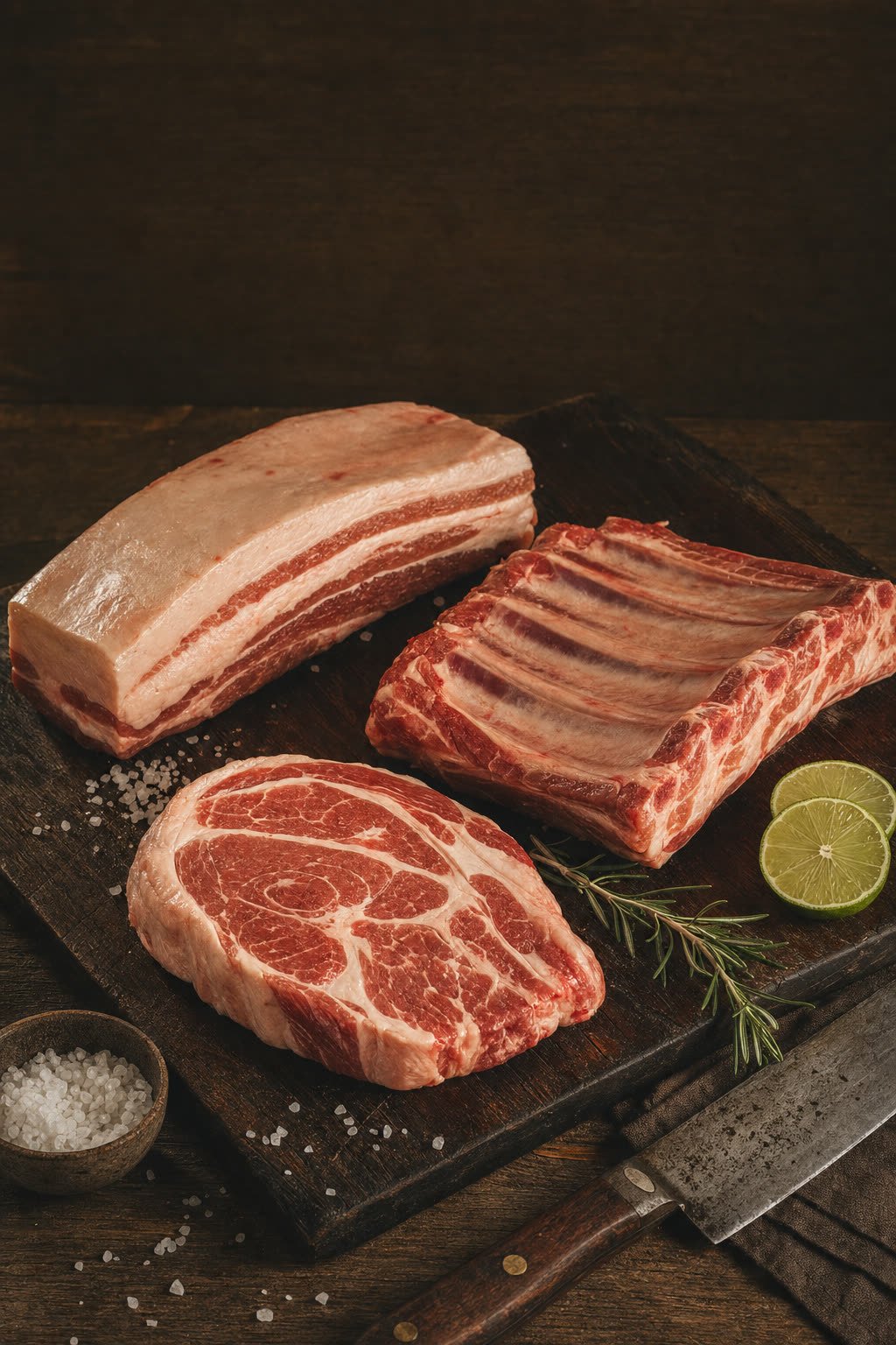 Cortes para churrasco — barriga, costela e bisteca — sobre tábua de madeira escura com sal grosso, limão e alecrim, em fotografia de catálogo editorial.