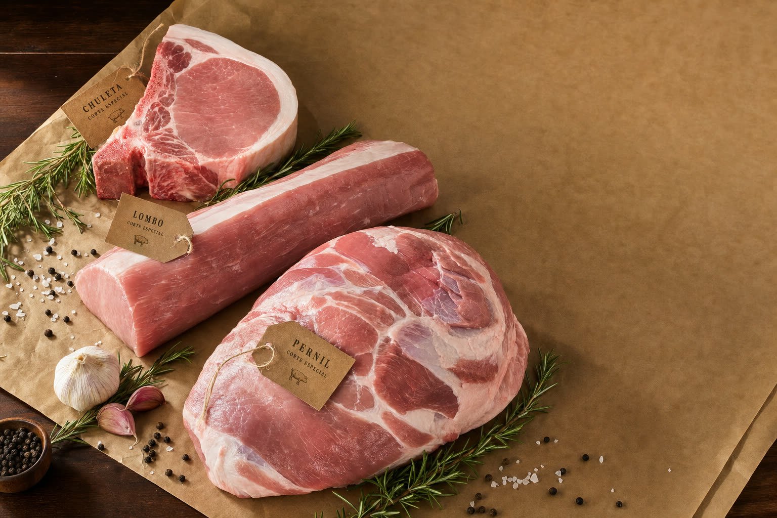 Cortes nobres de suíno — chuleta, lombo e pernil — apresentados sobre papel kraft com alecrim, alho e pimenta-do-reino, em estilo de catálogo editorial.