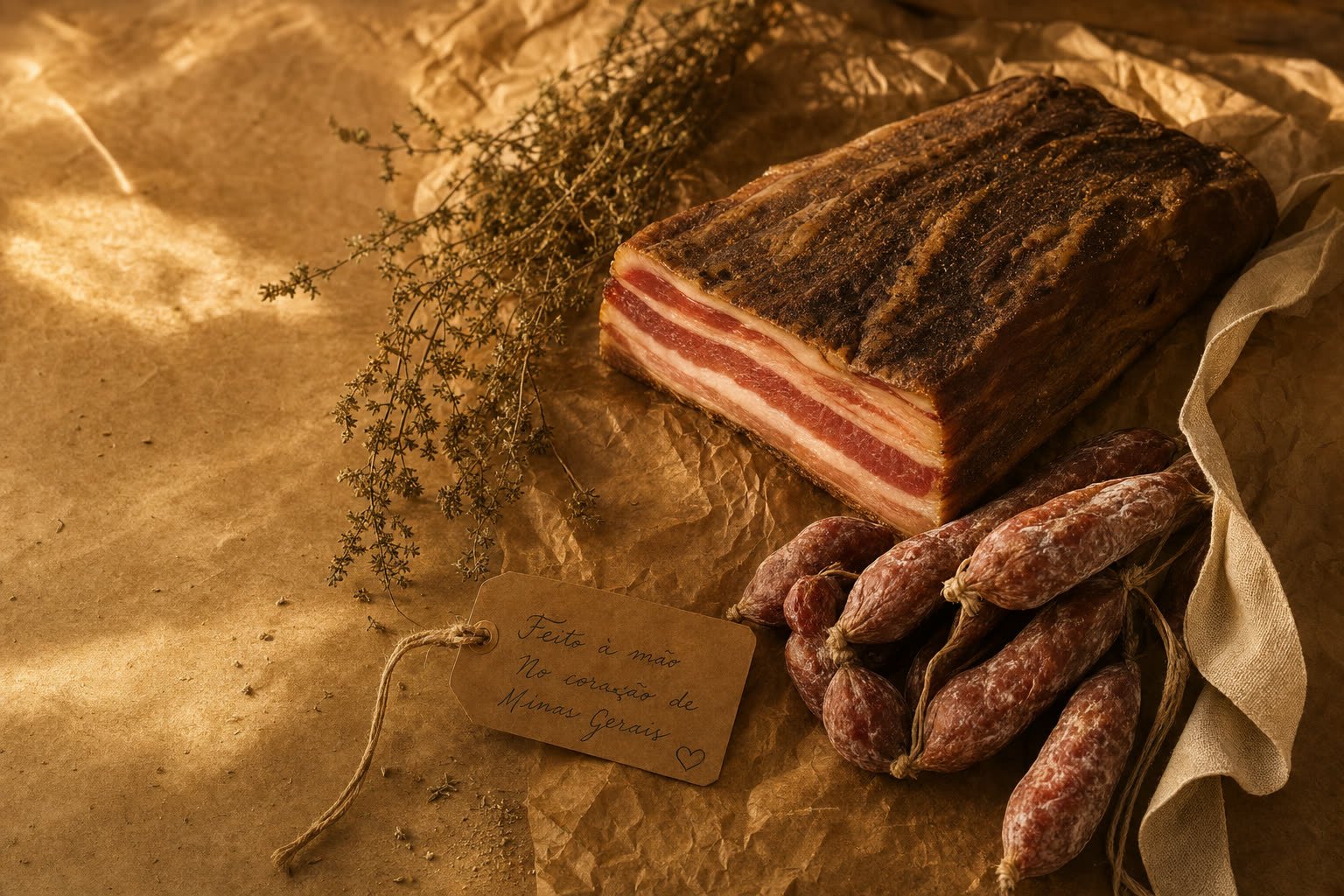 Edição especial artesanal — bacon curado e linguicinhas artesanais sobre papel kraft envelhecido com ervas secas e tag manuscrita, em fotografia de catálogo.