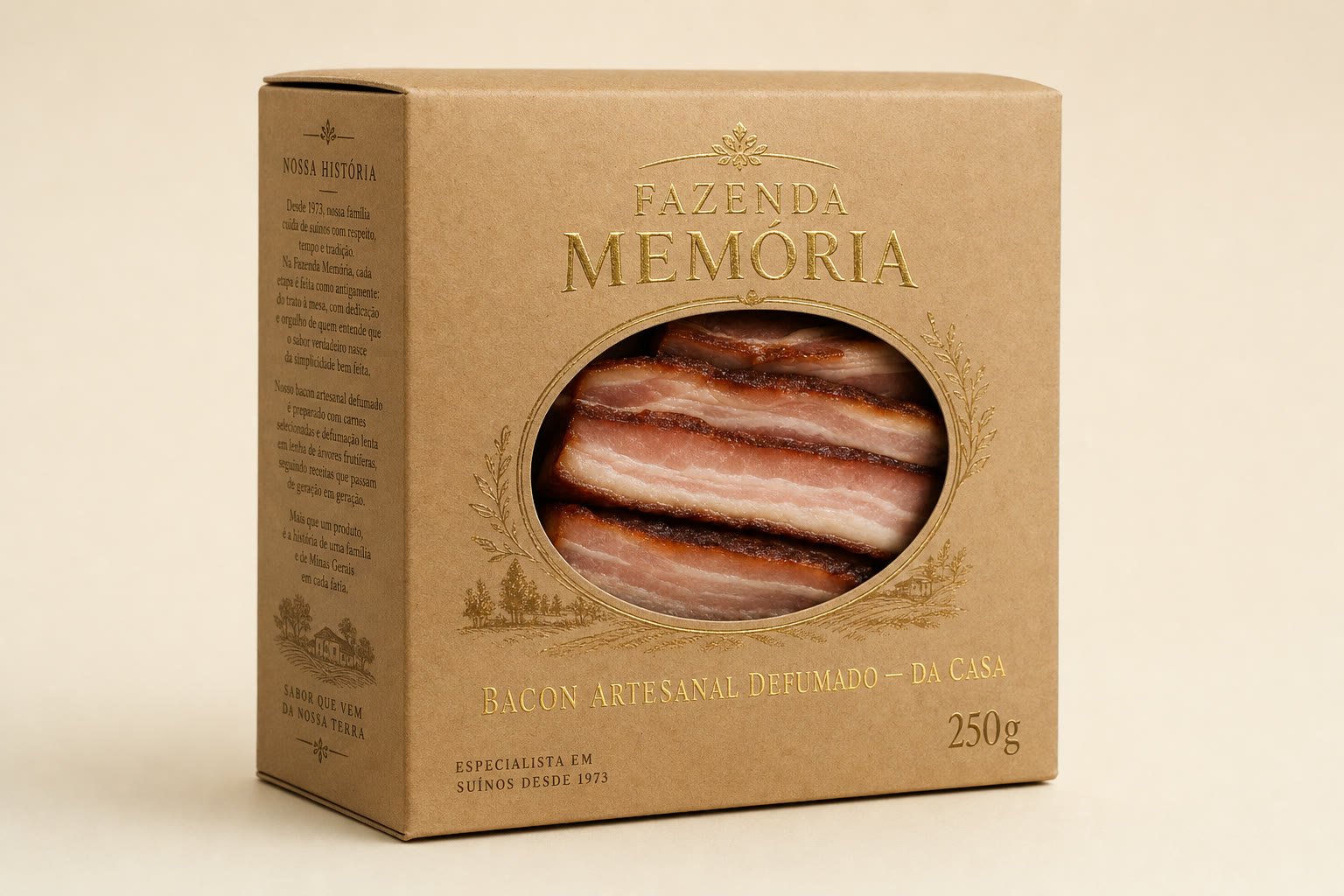 Caixa kraft de Bacon Artesanal Defumado da Fazenda Memória, com detalhes em dourado e janela mostrando o bacon fatiado.