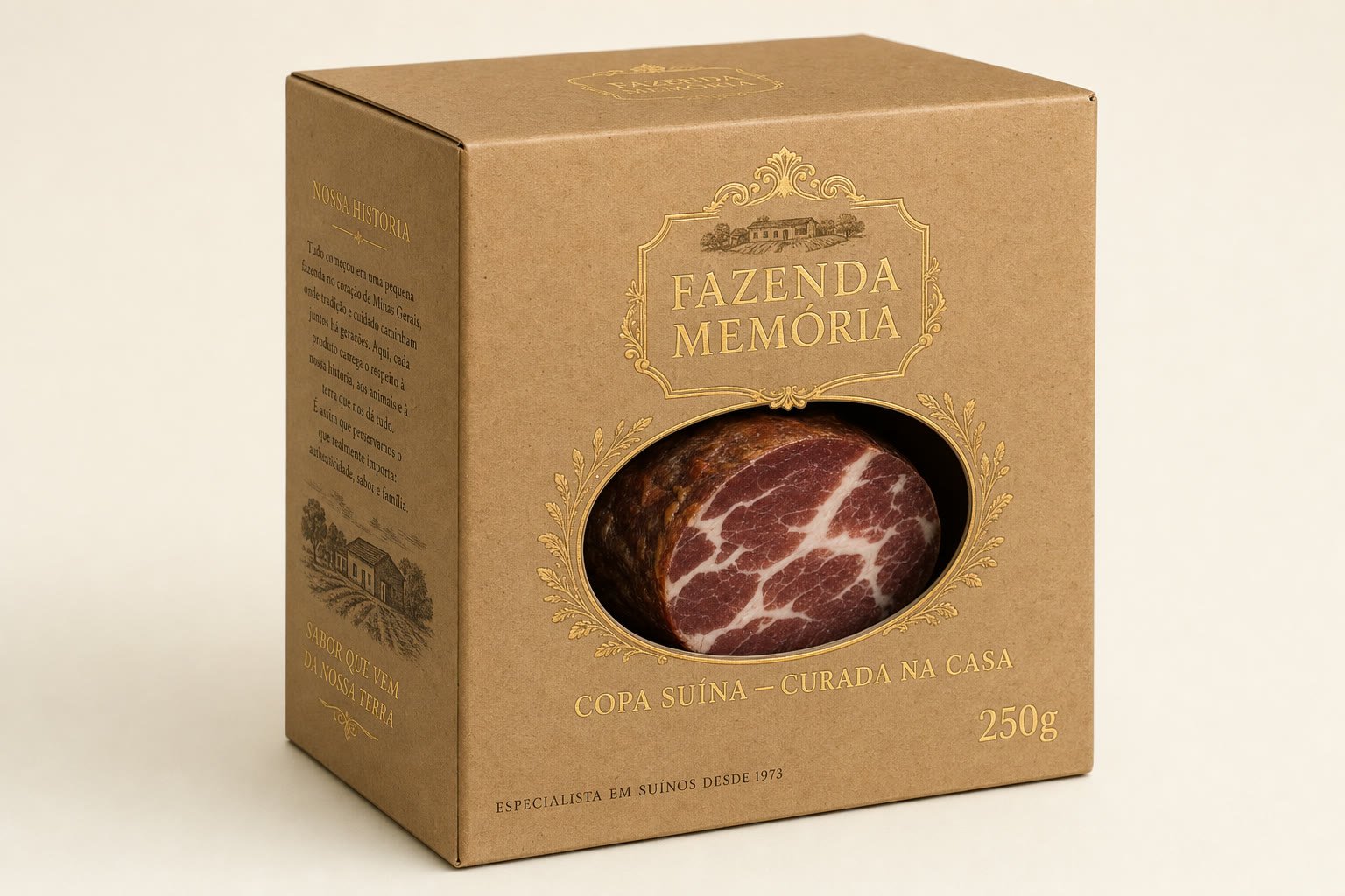 Caixa kraft de Copa Suína Curada da Casa da Fazenda Memória.