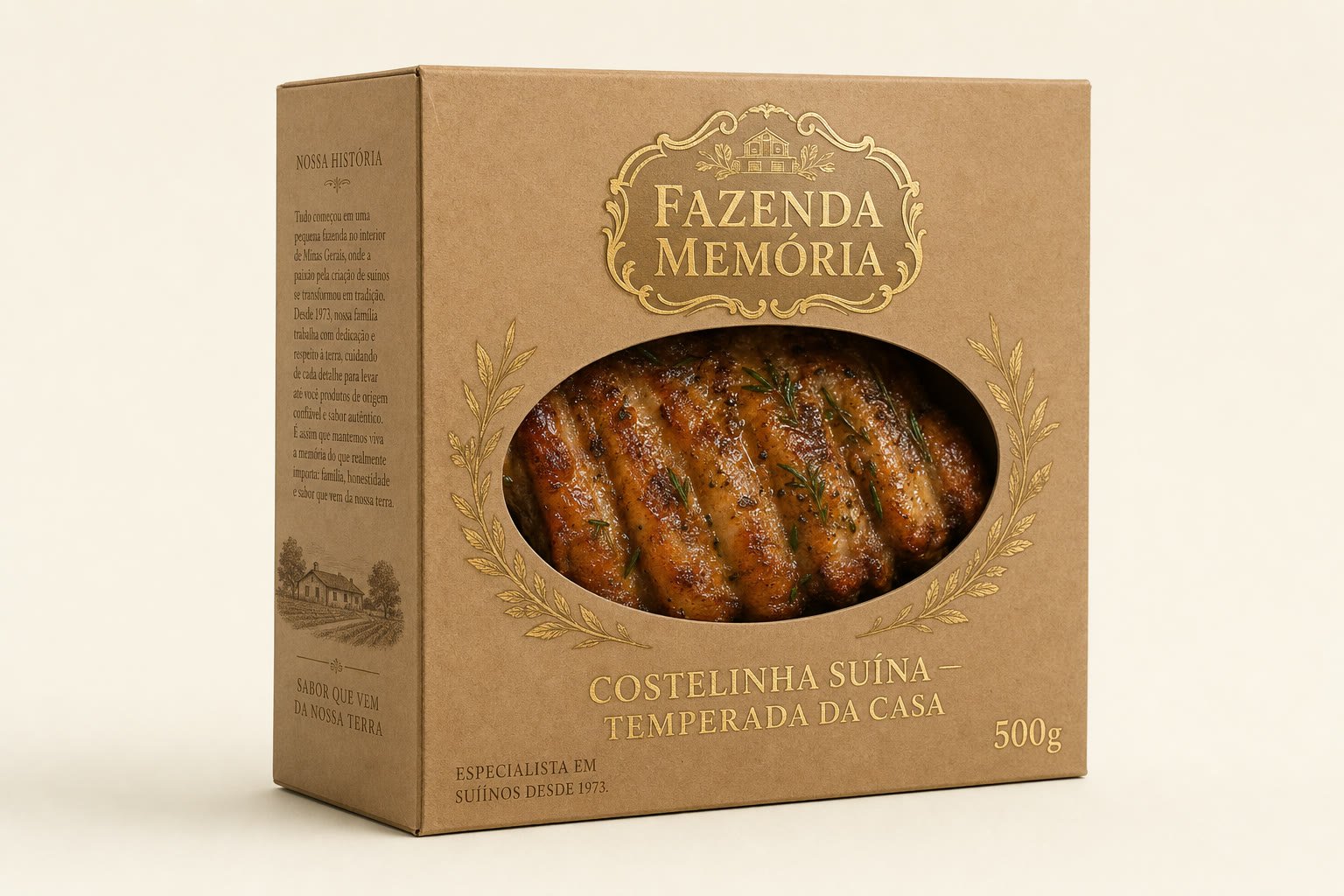 Caixa kraft de Costelinha Suína Temperada da Fazenda Memória.