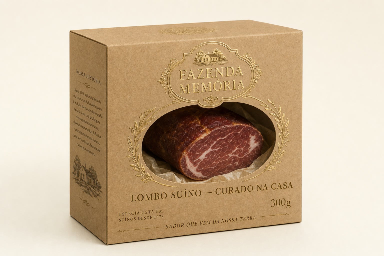 Caixa kraft de Lombo Suíno Curado da Fazenda Memória.