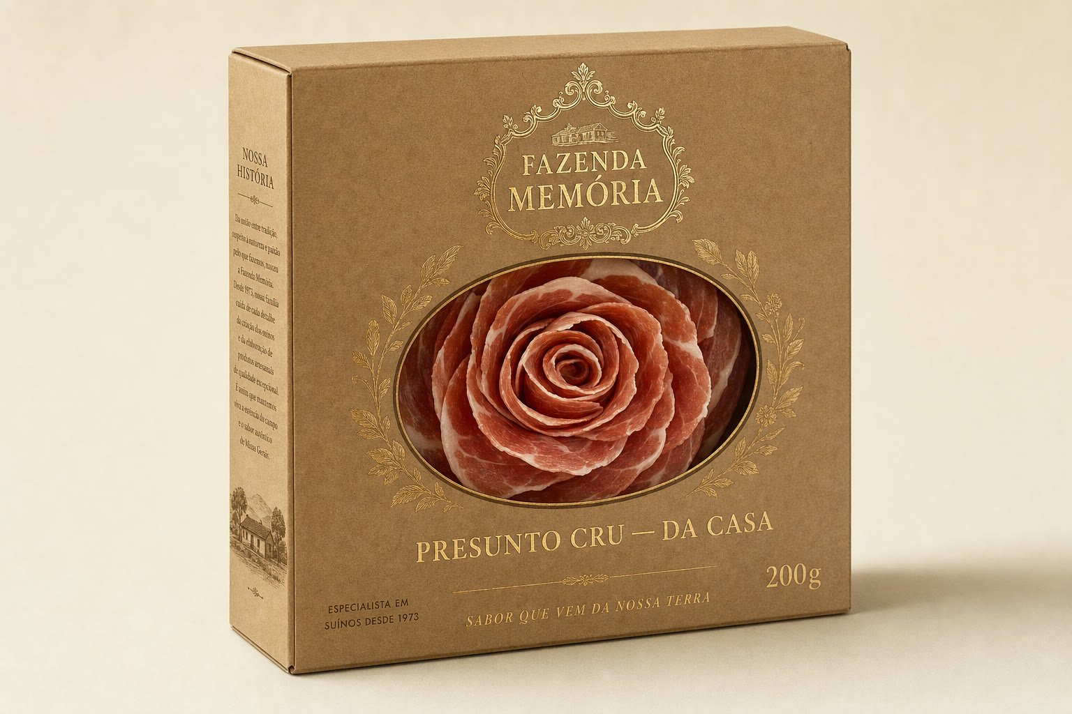 Caixa kraft de Presunto Cru da Casa da Fazenda Memória, com fatias translúcidas visíveis pela janela.