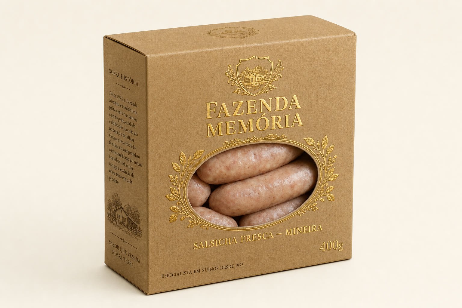 Caixa kraft de Salsicha Fresca Mineira da Fazenda Memória.