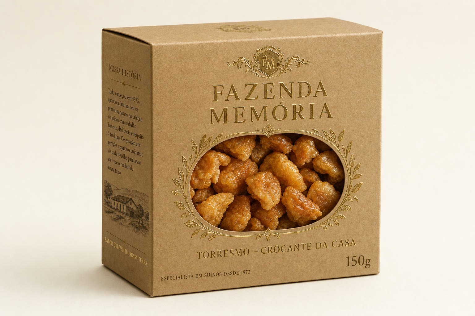 Caixa kraft de Torresmo Crocante da Casa da Fazenda Memória.